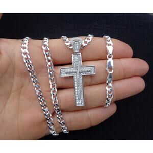 Real 925 Silver Cross Pendant Necklace, Solid Sterling Silver Pave Cross Pendant